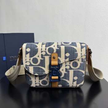 Uubags Dior Saddle Messenger Bag Oblique Denim with Brown Grained Calfskin Blue and Beige Raffia-Effect 24x16.5x5.5cm
