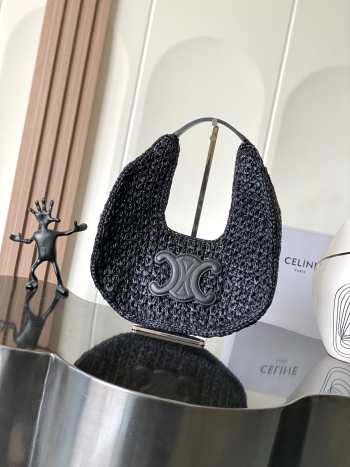 Uubags Celine classic panier hobo bag in black raffia and calfskin 33x16x4cm