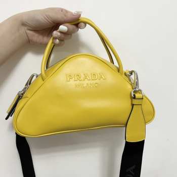 Uubags Prada Triangle Leather Bowler Shoulder Bag In Yellow 25x11x14.5cm