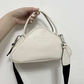 Uubags Prada Triangle Leather Bowler Shoulder Bag In White 25x11x14.5cm