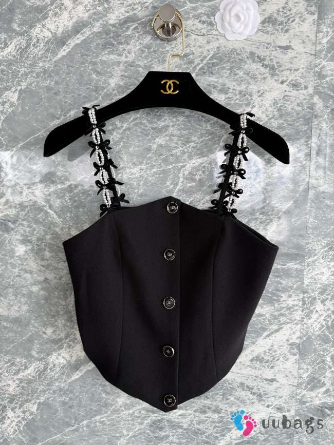 Uubags Chanel Top Wool Crepe Embroided with Imitation Pearls Black & White - 1