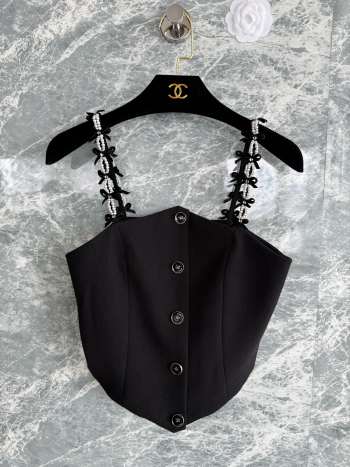 Uubags Chanel Top Wool Crepe Embroided with Imitation Pearls Black & White