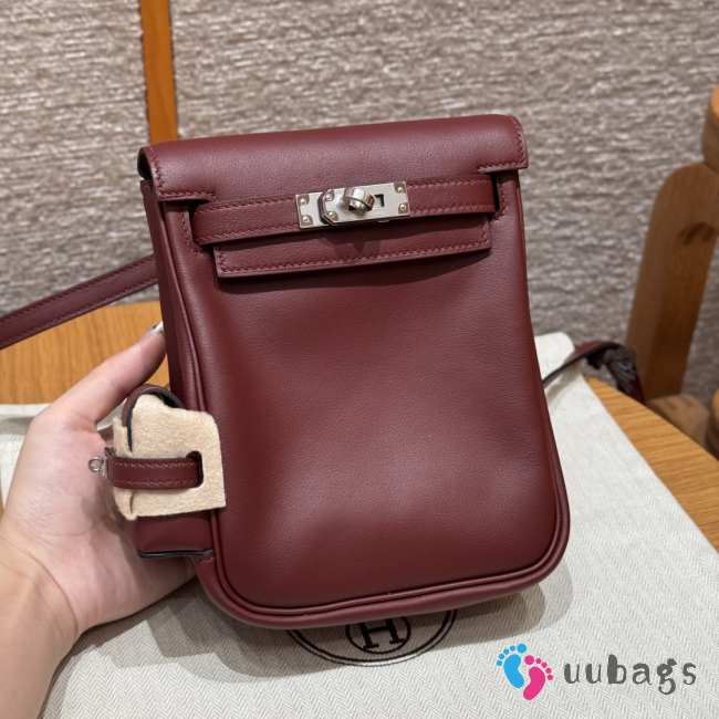 Uubags Hermes mini Kelly Jump backpack in burgundy swift leather with silver hardware 18x14.5x6cm - 1