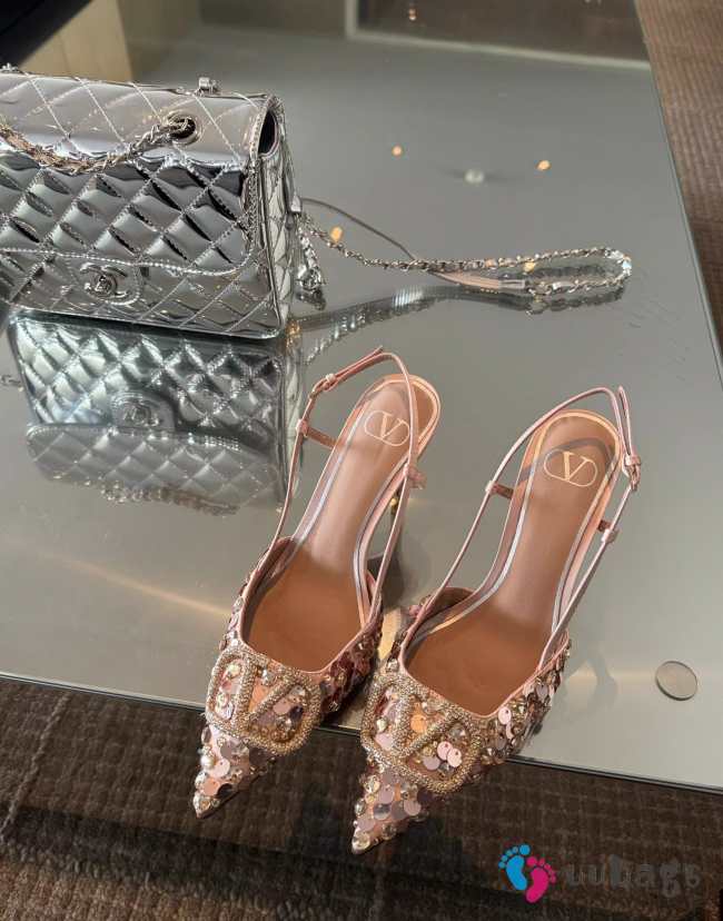 Uubags Valentino Garavani Vlogo 80 embellished leather slingback pumps in pink 9cm - 1
