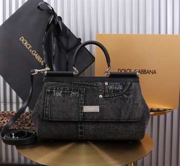 Uubags Dolce & Gabbana Sicily Patchwork Denim Top Handle Bag 29x18x12cm