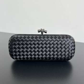 Uubags Bottega Veneta black intrecciato woven satin knot clutch bag with silver buckle 25x10x5cm