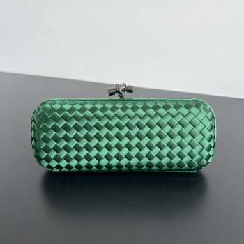 Uubags Bottega Veneta dark green intrecciato woven satin knot clutch bag 02 25x10x5cm
