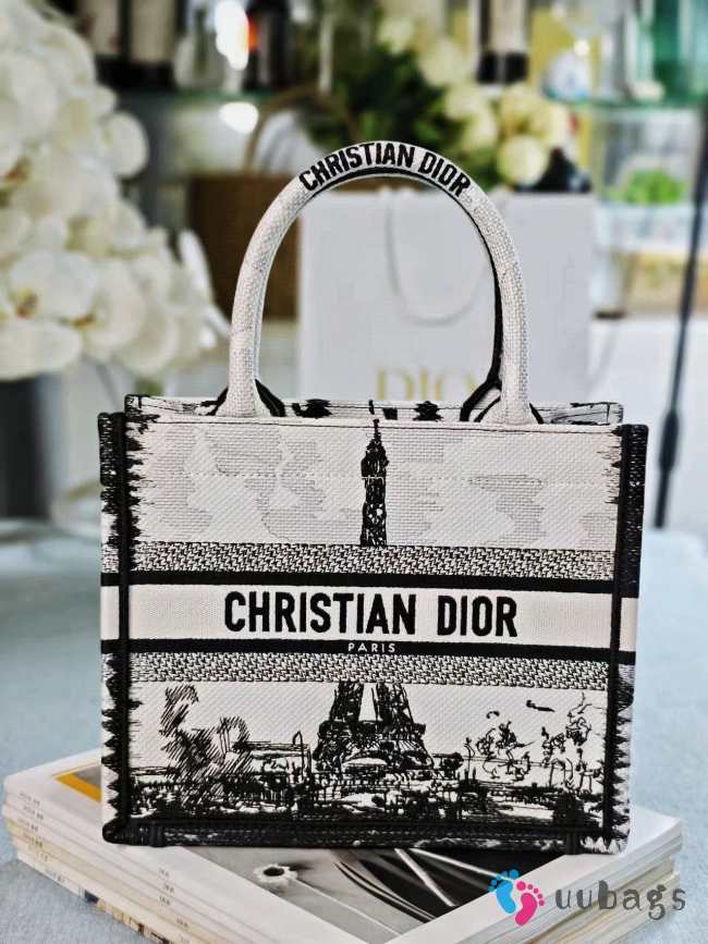 Uubags Medium Dior Book Tote White and Black Paris Embroidery Bag 36.5x28x14cm  - 1