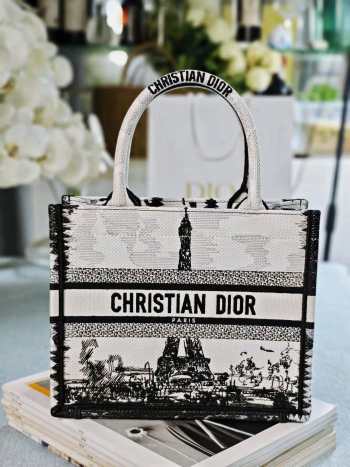 Uubags Medium Dior Book Tote White and Black Paris Embroidery Bag 36.5x28x14cm 