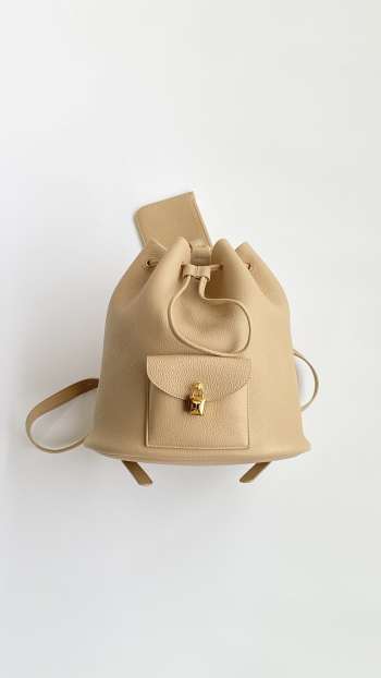 Uubags Loro Piana Extra Drawstring backpack L27 Calfskin In Beige/Sun Gold 25x27x14cm