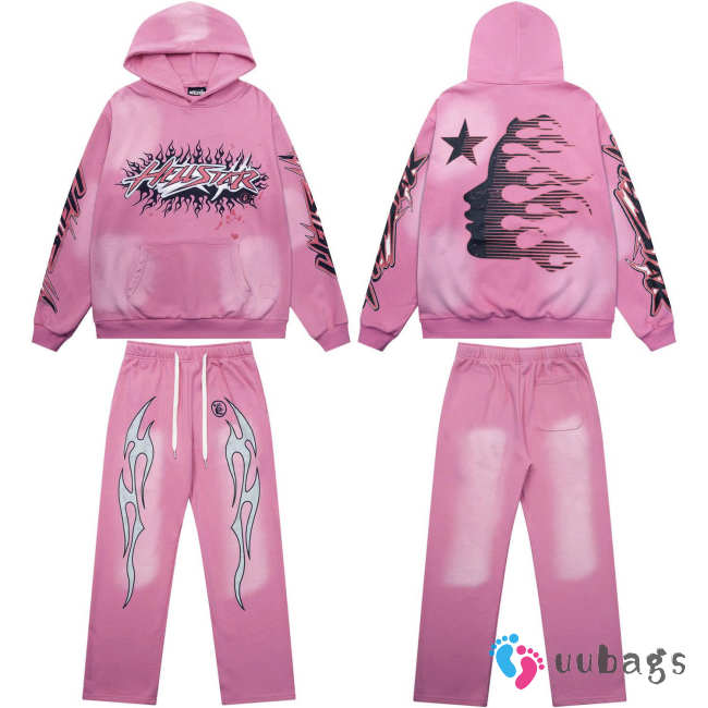Uubags Hellstar Flame Graphic Hoodie and Jogger Set In Pink - 1