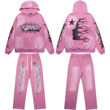 Uubags Hellstar Flame Graphic Hoodie and Jogger Set In Pink