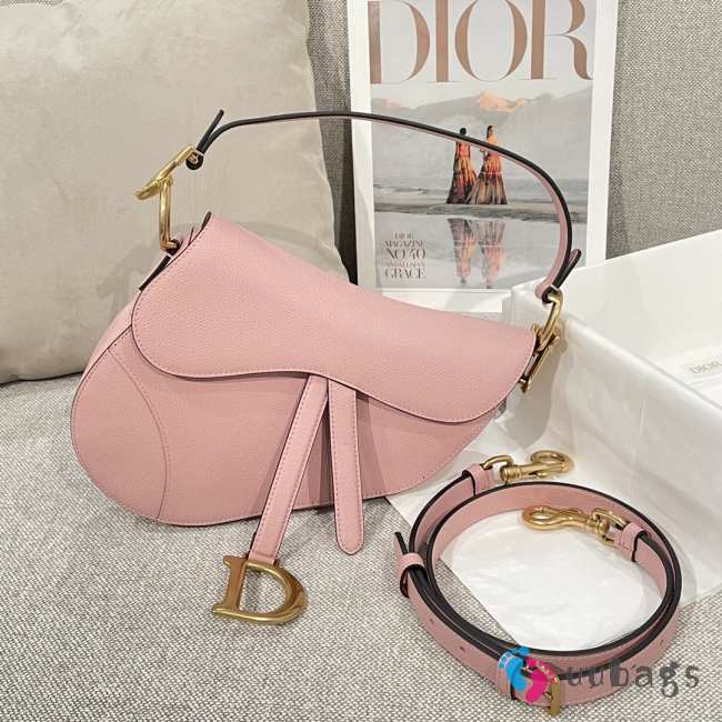 Uubags Dior Saddle Bag with Strap Pink Grained Calfskin 25.5x20x6.5cm - 1