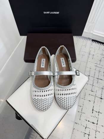 Uubags Alaïa Woven Leather Mary Jane Flats in White and Silver