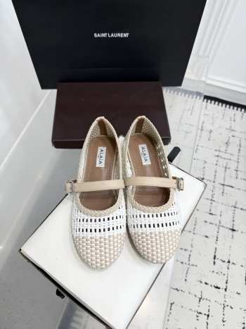Uubags Alaïa Woven Leather Mary Jane Flats In White/ Light Beige