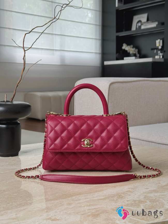 Uubags Chanel Coco Handle Flap Bag Dark Pink Caviar with Gold Hardware 14x24x10cm - 1