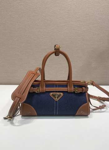 Uubags Prada Symbole Top-Handle Bag in Denim and Leather Cognac 23.5x12x9cm