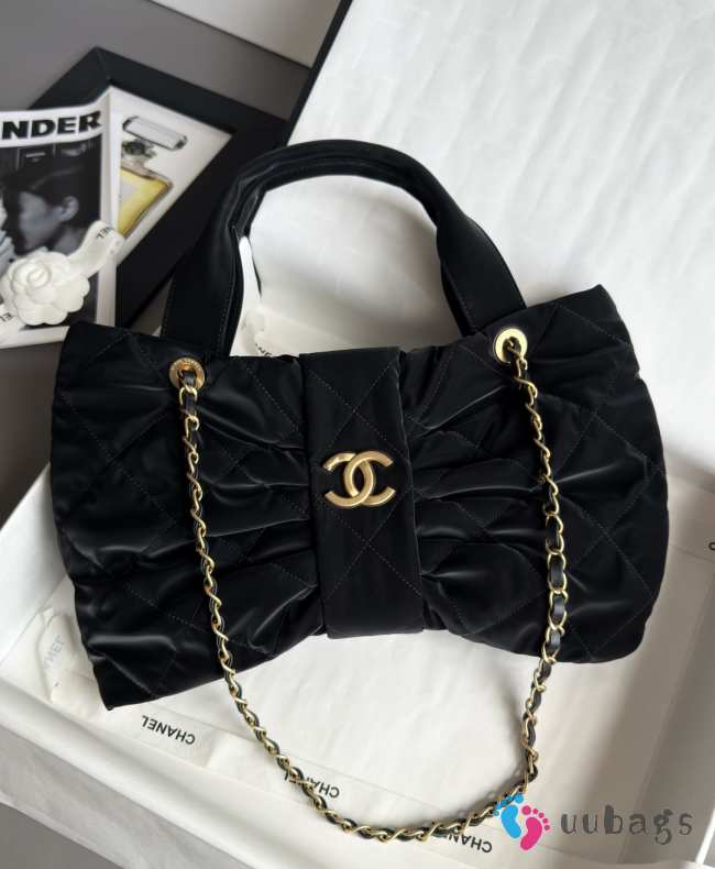 Uubags Chanel Mini Bow Bag Velvet Effect Nylon & Gold Metallic In Black 18x26x5cm - 1
