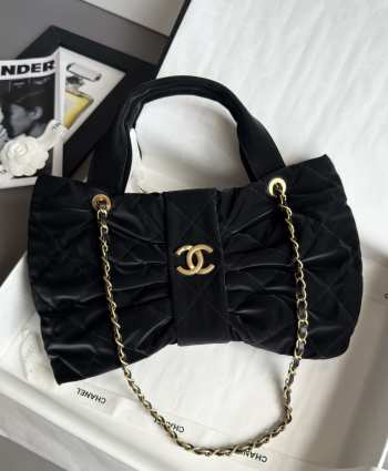 Uubags Chanel Mini Bow Bag Velvet Effect Nylon & Gold Metallic In Black 18x26x5cm