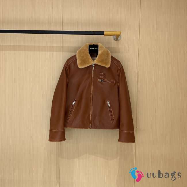 Uubags Miu Miu Shearling-Trimmed Leather Jacket In Brown - 1