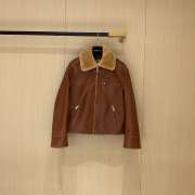 Uubags Miu Miu Shearling-Trimmed Leather Jacket In Brown - 1