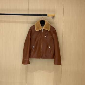 Uubags Miu Miu Shearling-Trimmed Leather Jacket In Brown