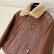 Uubags Miu Miu Shearling-Trimmed Leather Jacket In Brown - 5