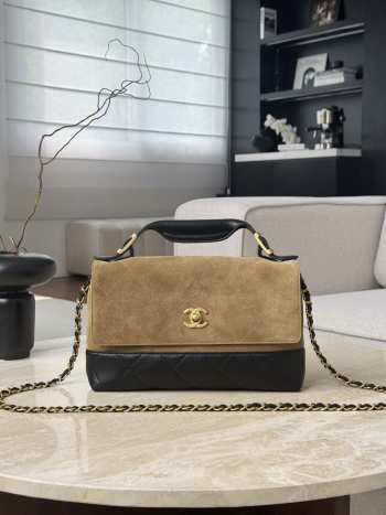 Uubags Chanel large flap bag with handle suede, shiny lambskin & gold metallic in beige & black 18x29x8cm