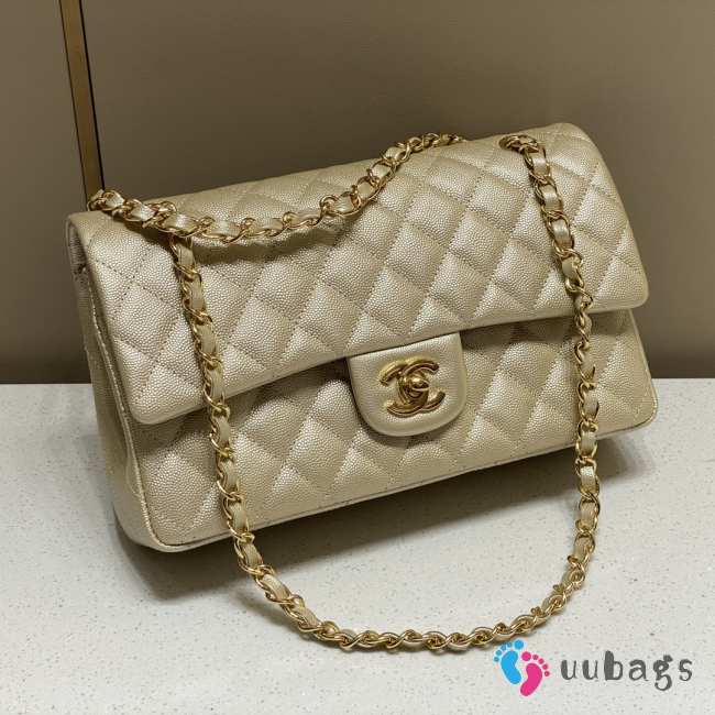Uubags Classic Flap Bag Quilted Gold Metallic Caviar Leather 25cm - 1