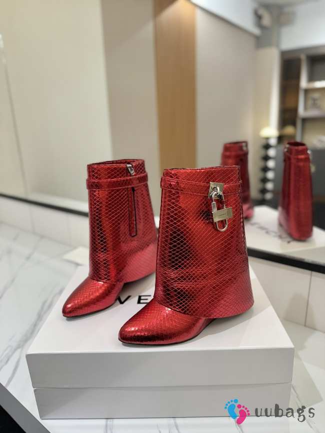 Uubags Givenchy Shark Lock Wedge Boots in Red Metallic Snakeskin Embossed Leather - 1