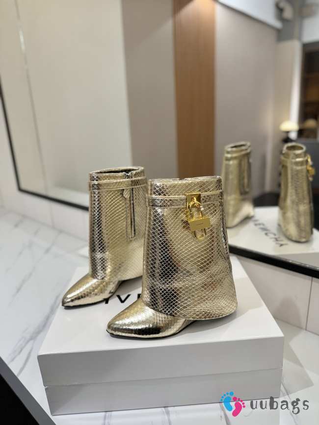 Uubags Givenchy Shark Lock Wedge Boots in Gold Metallic Snakeskin Embossed Leather - 1