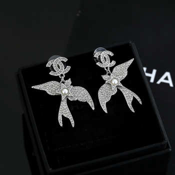 Uubags Chanel Silver-Tone Metal Bird & Star CC Dangling Earrings with Crystals and Pearls