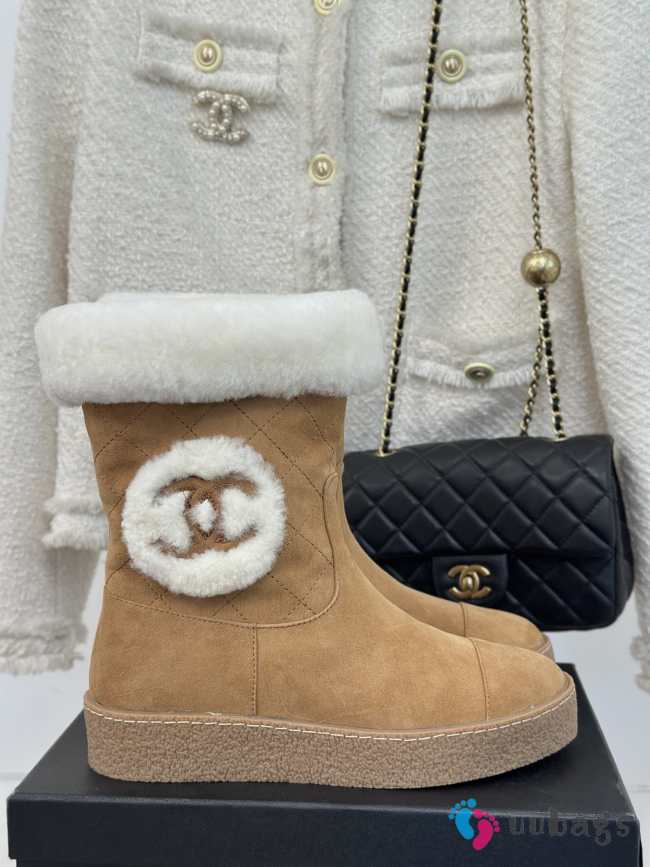 Uubags Chanel Shearling Suede Ankle Boots In Tan - 1
