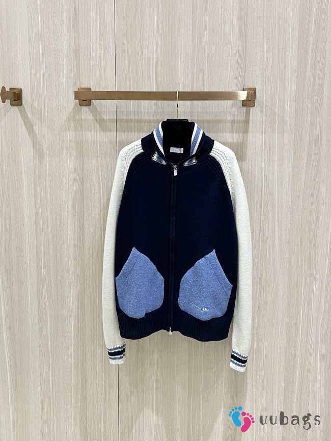 Uubags Dior preppy cardigan couture blue and beige jersey felt with lily-of-the-valley embroidery - 1