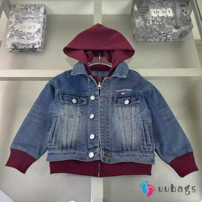 Uubags Kid's Patched Denim Jacket in Blue Denim/ Burgundy - 1