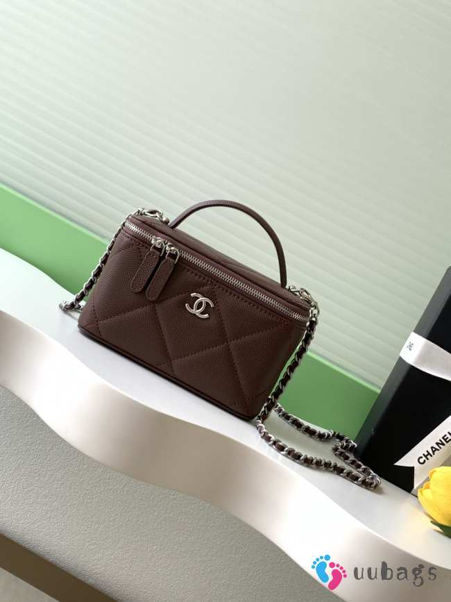 Uubags Chanel long vanity bag with chain grained shiny calfskin & silver-tone metal in dark brown 9.5x17x8cm - 1