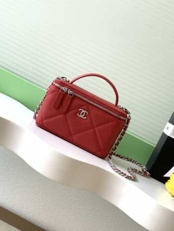 Uubags Chanel long vanity bag with chain grained shiny calfskin & silver-tone metal in red 9.5x17x8cm