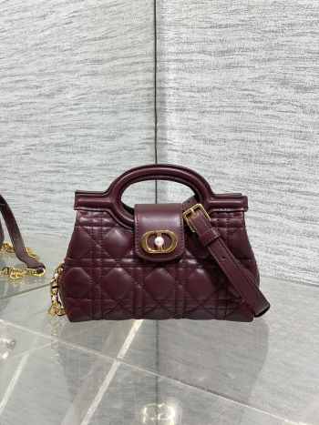 Uubags Dior Jolie top handle mini bag Cannage lambskin in burgundy 18.5x13x8.5cm