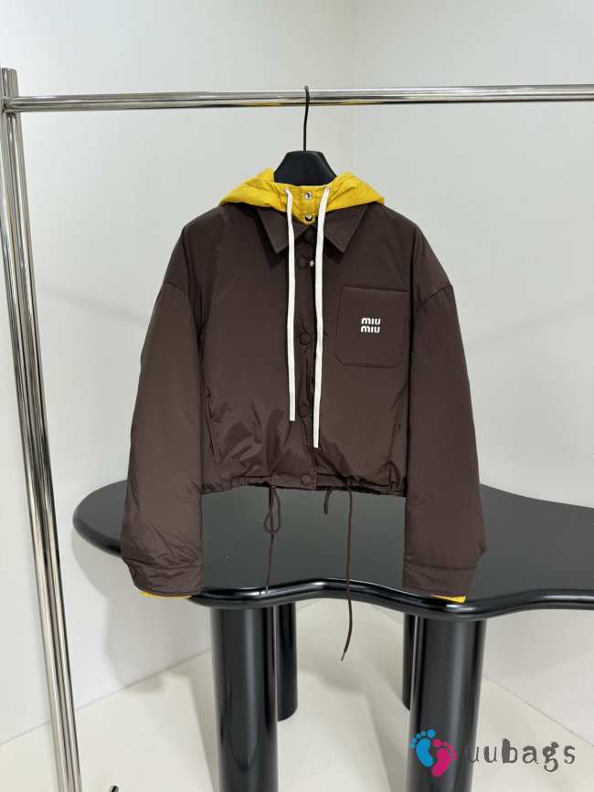 Uubags Miu Miu Technical pongé down hoodie jacket in coffee/mustard - 1