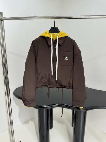 Uubags Miu Miu Technical pongé down hoodie jacket in coffee/mustard