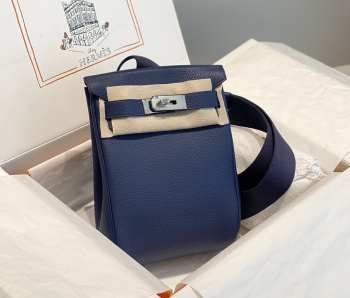 Uubags Hermes Hac a Dos PM backpack in navy blue with silver buckle 18x28x8cm