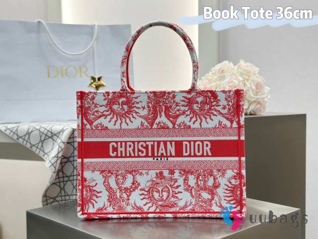 Uubags Christian Dior Book Tote Bag Toile de Jouy Soleil Embroidery In Red 36x28x16cm - 1