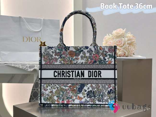 Uubags Dior Lucky Medium Book Tote Bag Multicolor Dior Flowers Calendar Allover Embroidery 36x27.5x16.5cm - 1