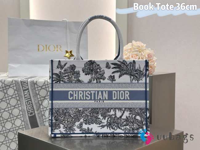 Uubags Dioriviera Medium Dior Book Tote Bag White and Blue Toile de Jouy Palms Embroidery 36x27.5x16.5cm - 1
