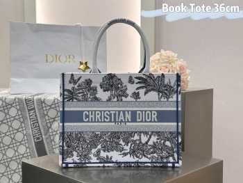 Uubags Dioriviera Medium Dior Book Tote Bag White and Blue Toile de Jouy Palms Embroidery 36x27.5x16.5cm