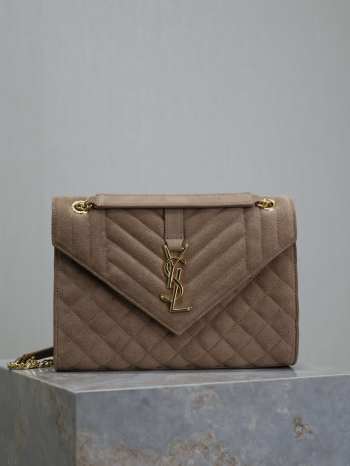 Uubags YSL Envelope suede leather bag in taupe beige gold buckle 24x17.5x6cm