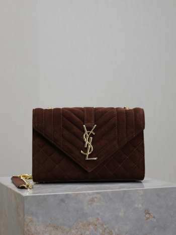 Uubags YSL Small Envelope suede leather bag in dark brown gold buckle 21x13x6cm