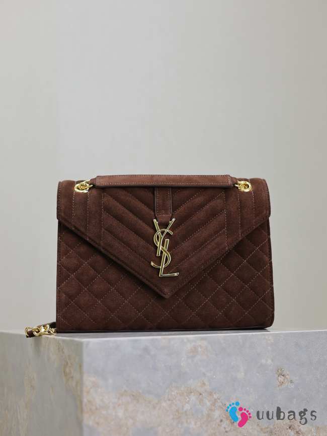 Uubags YSL Envelope suede leather bag in dark brown gold buckle 24x17.5x6cm - 1