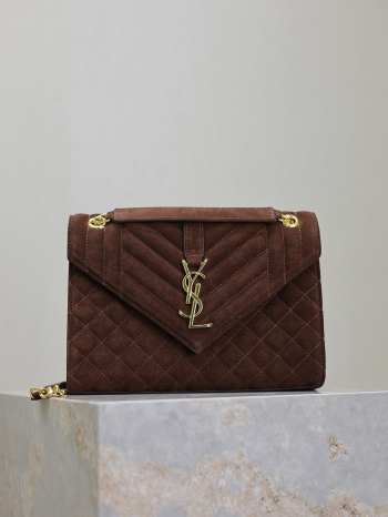 Uubags YSL Envelope suede leather bag in dark brown gold buckle 24x17.5x6cm