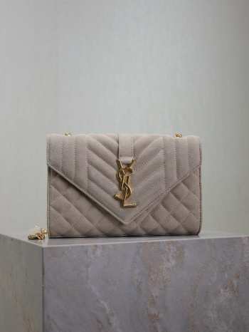 Uubags YSL Small Envelope suede leather bag in grey gold buckle 21x13x6cm